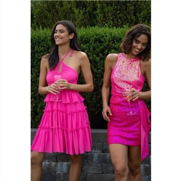 NEW One33 Social Mini Dress Bright Fuschia Tiered Ruffle Halter Neck Sz 10 NWT - Picture 5 of 16